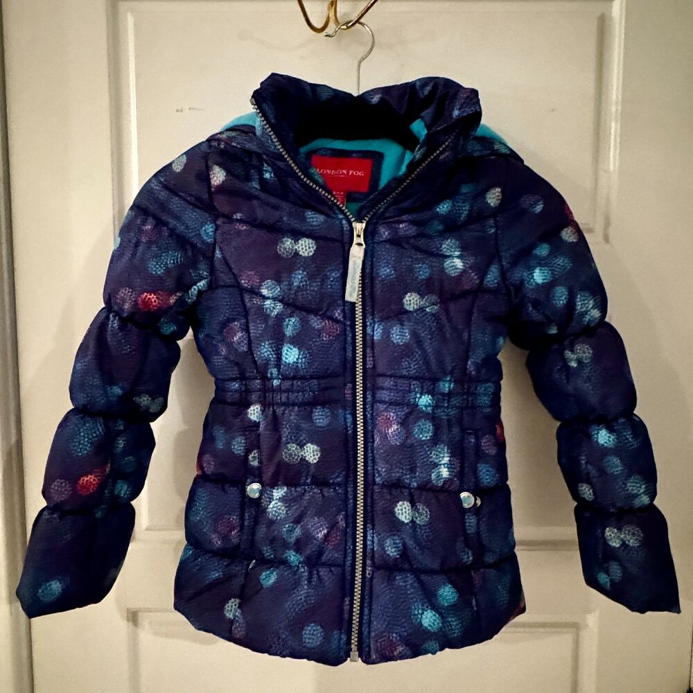 London Fog Girls Hooded Puffer Coat Navy/Purple (Size 7-8)